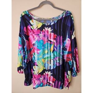 Soft Surroundings Blouse L Violet Pink Floral Mignon Artsy Top Colorful Coastal
